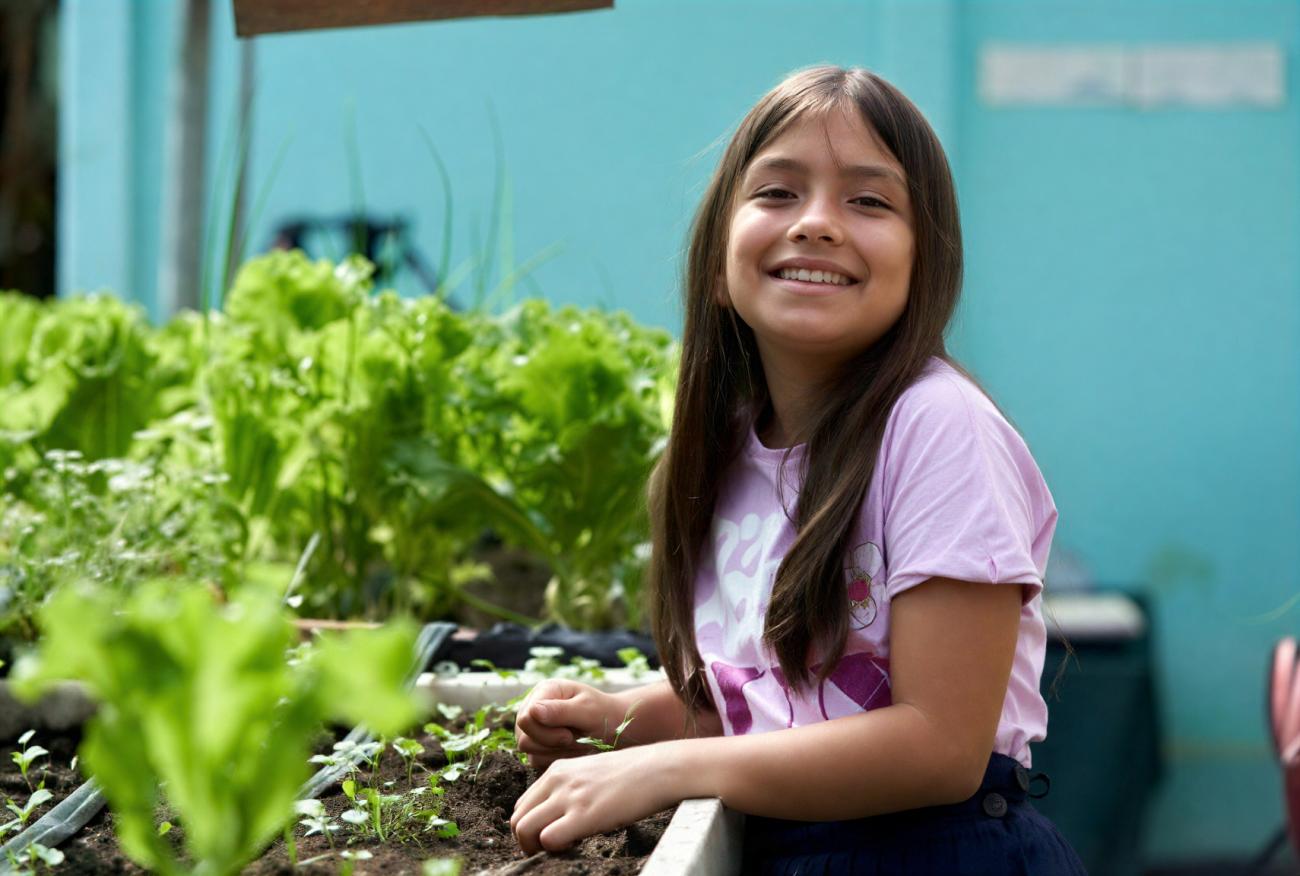 A girl in Costa Rica in front of a small garden.