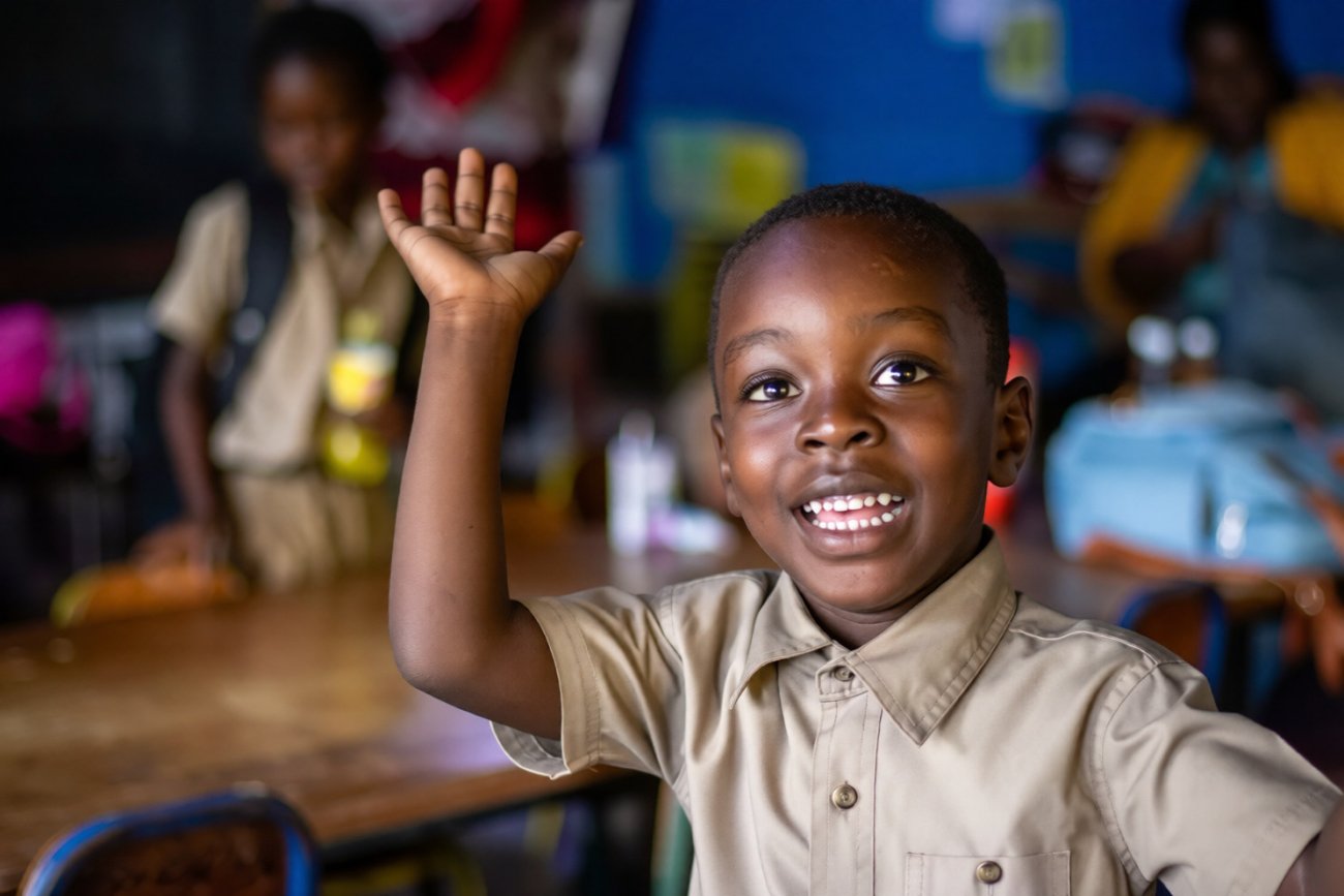 A young student in Jamaica raises his hand.