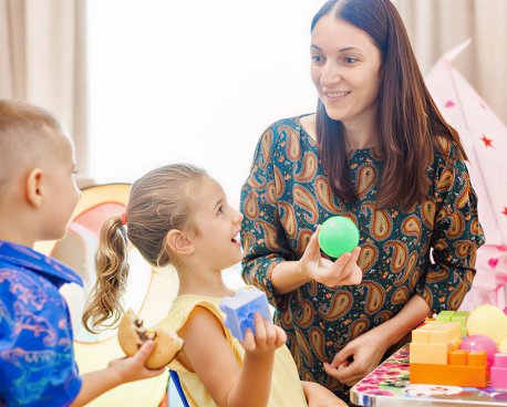 A woman in Moldova with her son and daughter.