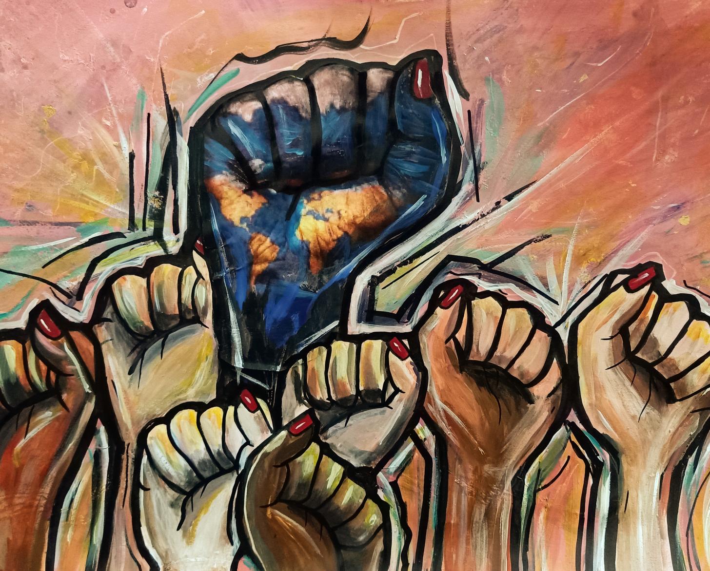 Obra de arte de puños pintados de diferentes tamaños y colores, levantados hacia arriba, en señal de solidaridad.