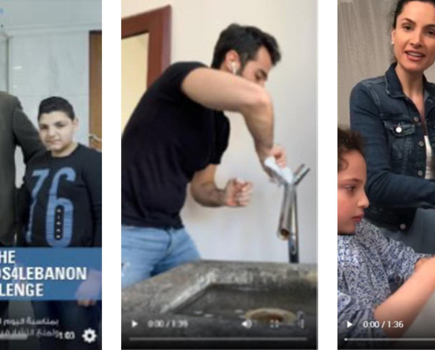 Screen grabs of three videos showing influencers and UN staff participating in the #SafeHands4Lebanon challenge