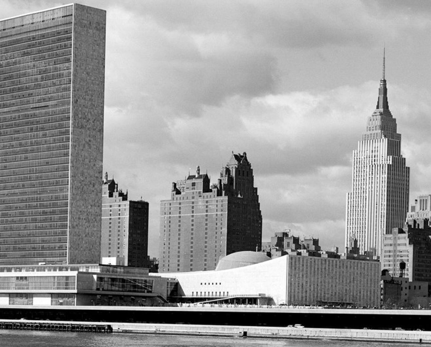 The Headquarters of the United Nations and New York's mid-Manhattan skyline, 24 October 1955.