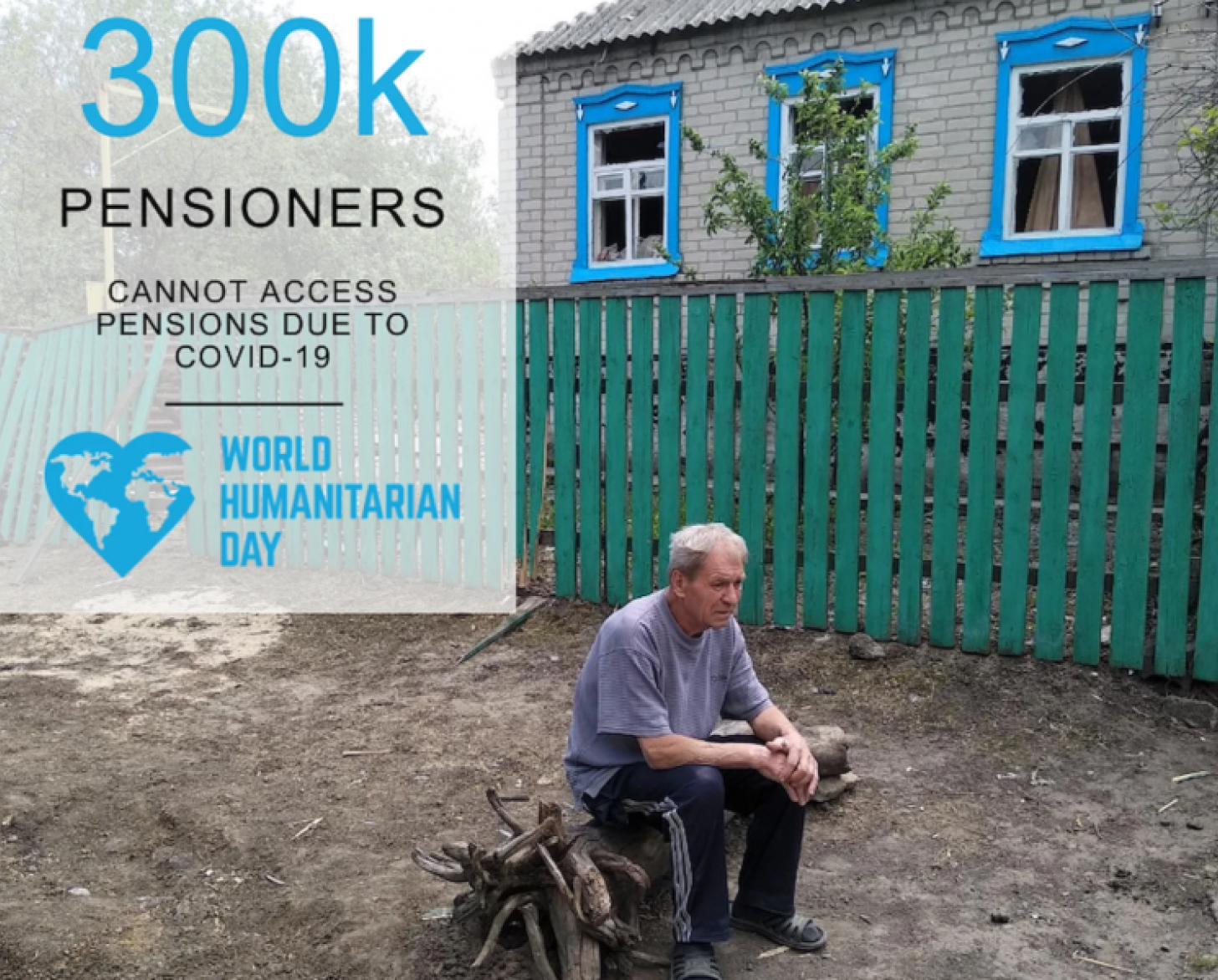 A man sits on a tree trunk pondering with a factoid to the left stating 300K pensioners cannot access their pensions due to COVID-19.
