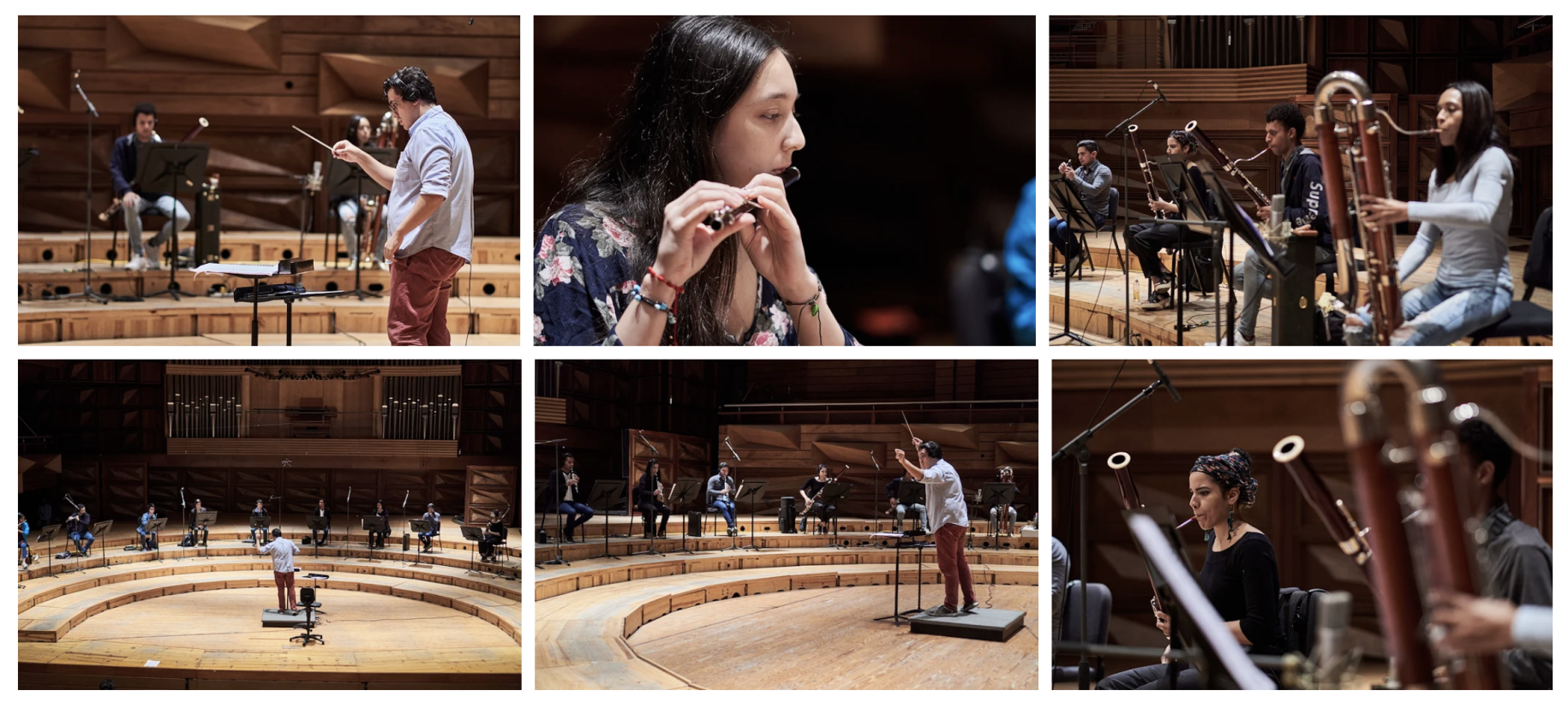 A tile collage consisting of six images (two rows of three), shows the youth orchestra performing the winning song.