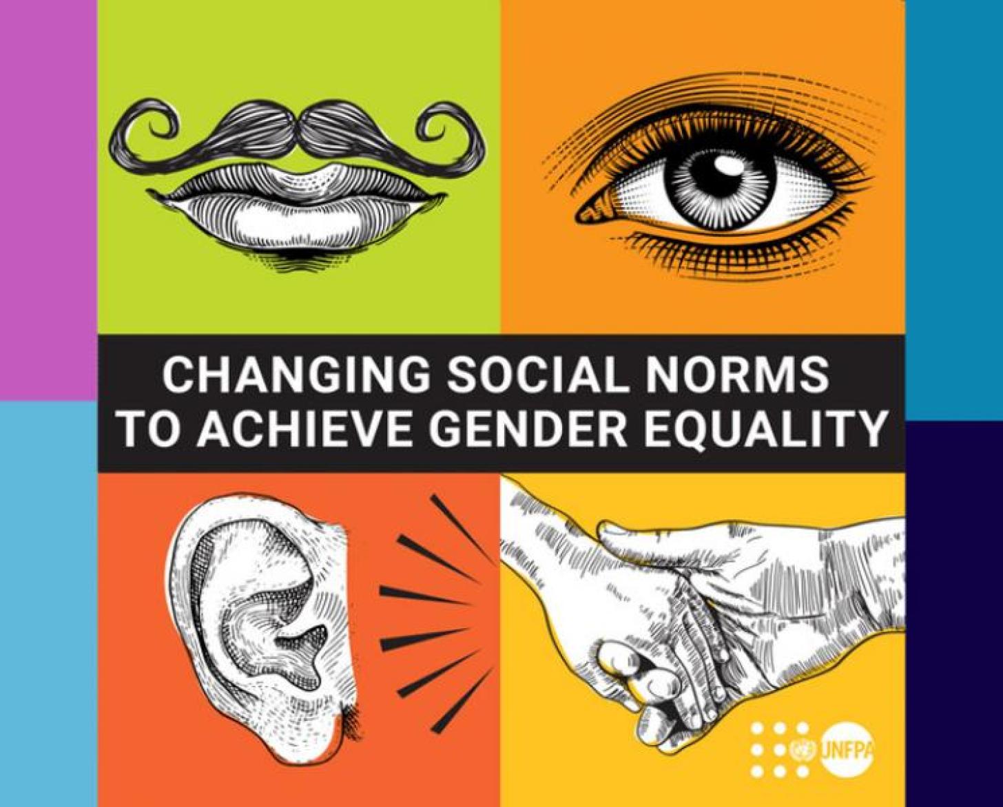 Una colorida cuadrícula de cuadros muestra cuatro imágenes—un ojo, una boca con bigote, una oreja que se escucha y dos manos que se cogen—en el centro, con un texto entre ellas.