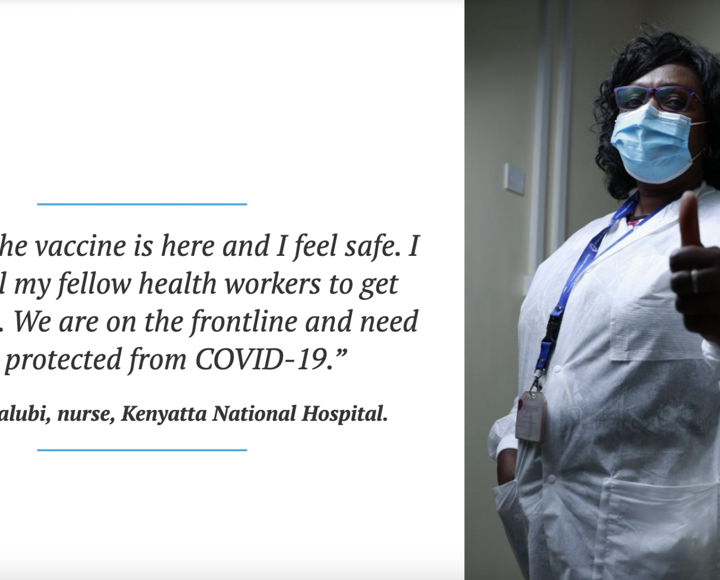 A woman in a white lab coat and blue surgical mask gives the camera thumbs up.