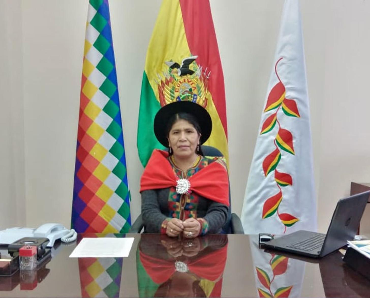 Una mujer vestida con el traje tradicional boliviano delante de tres banderas.