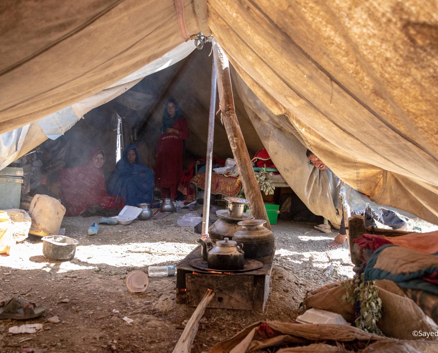 Una tienda construida sobre el suelo desnudo, apuntalada por un tronco de árbol.