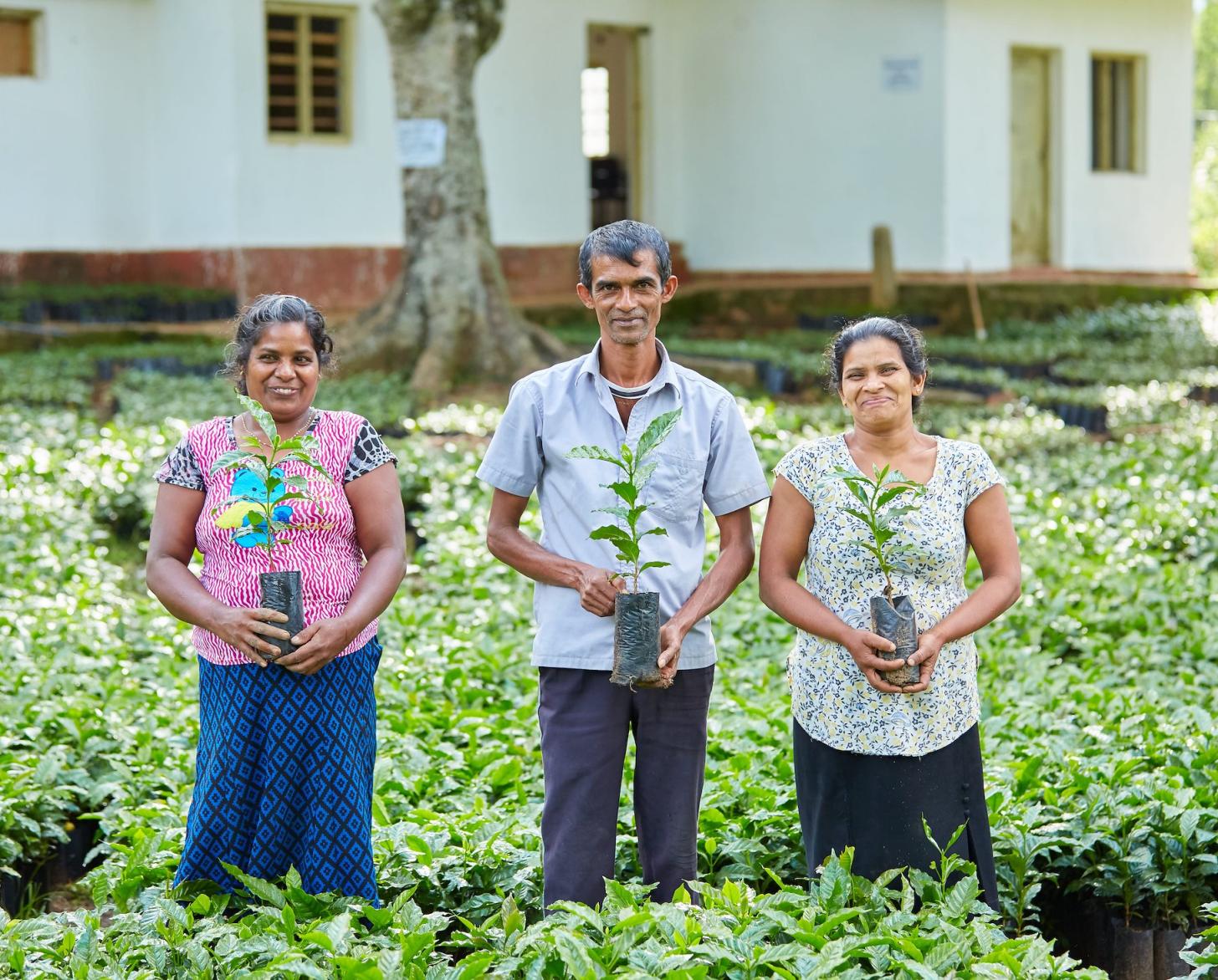 Two women and a man in the center hold plants and smile for the camera.