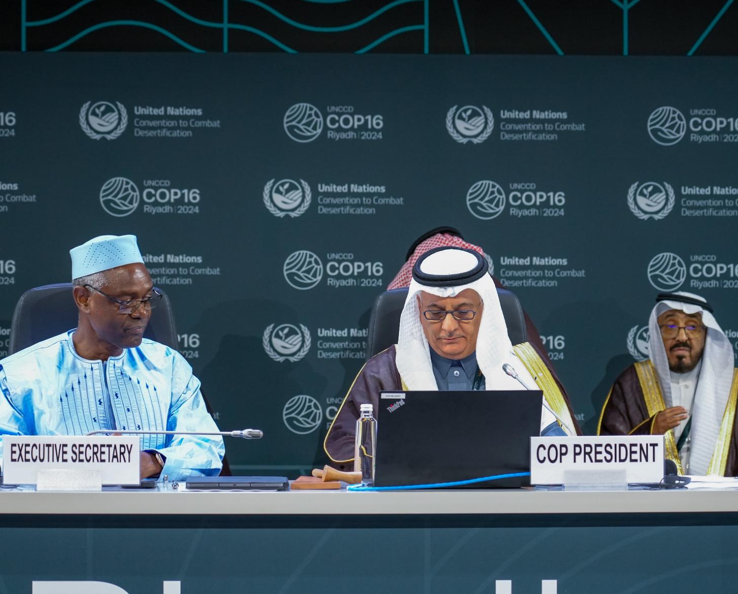 Under-Secretary-General and Executive Secretary of the United Nations Convention to Combat Desertification (UNCCD) Ibrahim Thiaw alongside UNCCD COP16 President at the opening of the COP