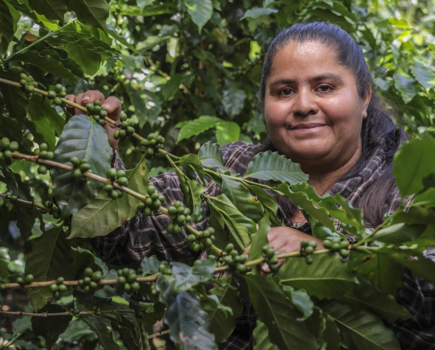 A young woman is looking at the camera from behind some trees