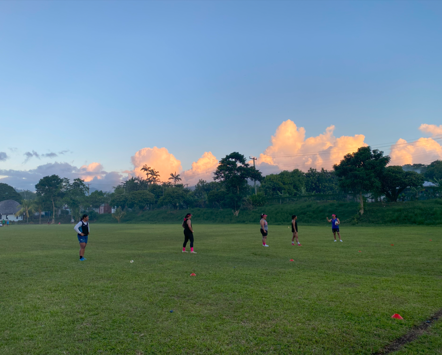 A group of people are gathered in a green grassy field playing sports.