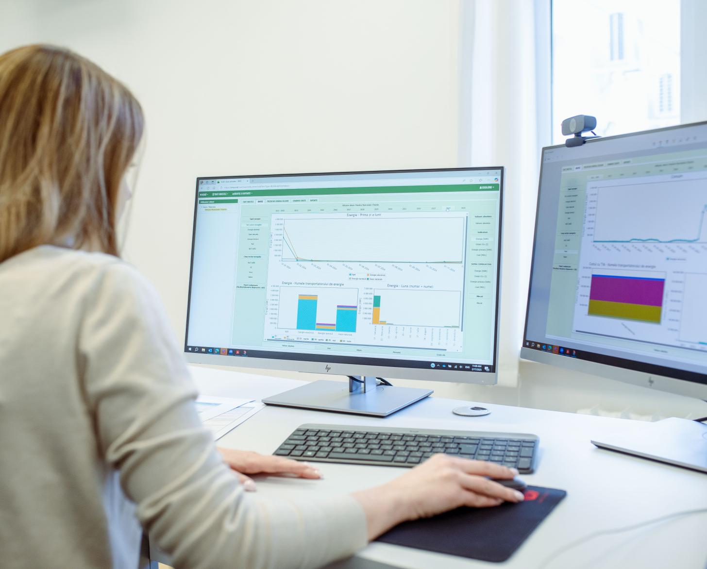 A woman looks at graphs on a computer related to energy consumption