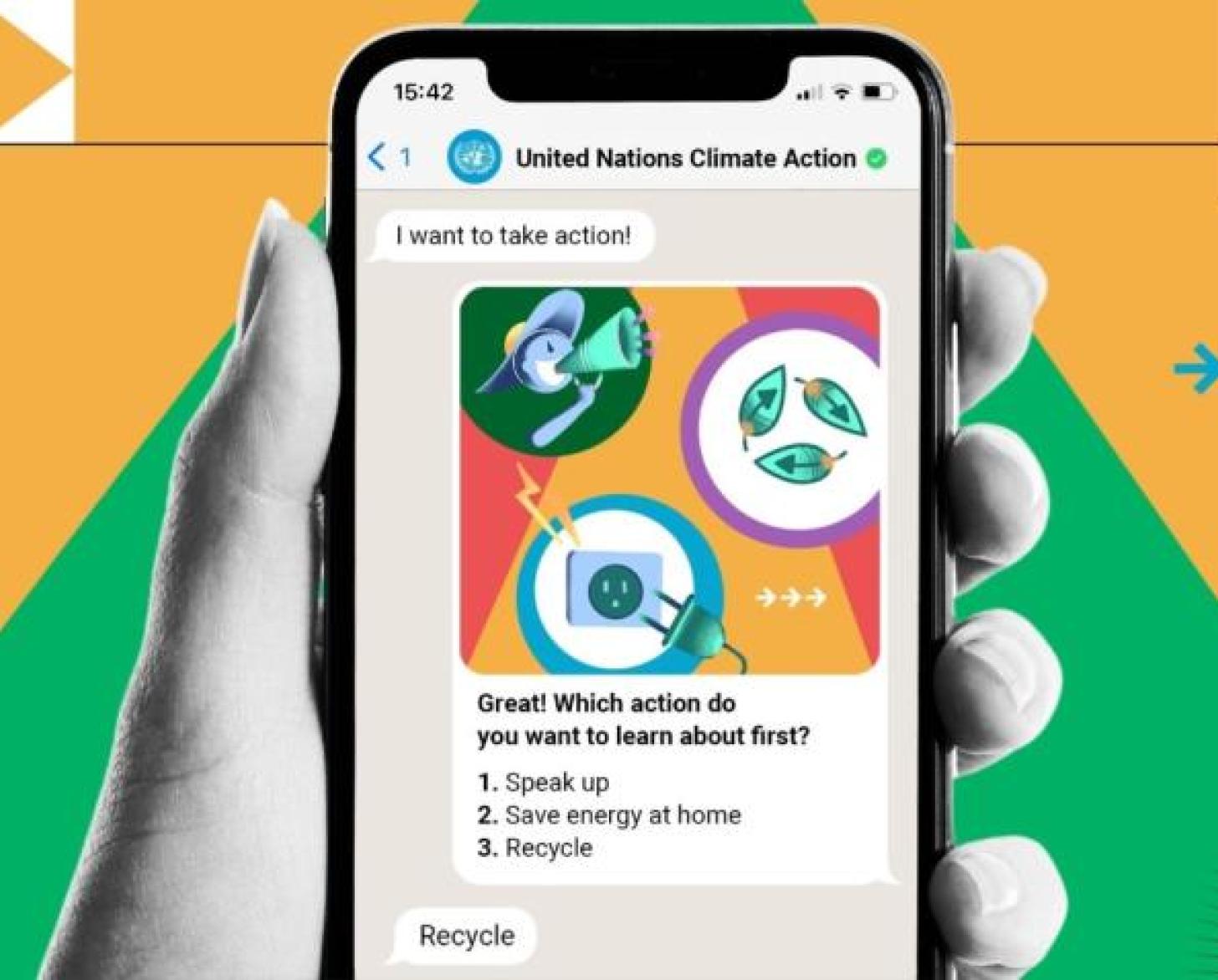 A graphic of a hand holding a phone with info on climate