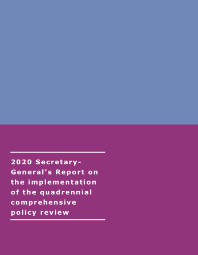 Cover shows the title "2020 Secretary General's Report on the implementation of the quadrennial comprehensive policy review" against a purple and blue background.
