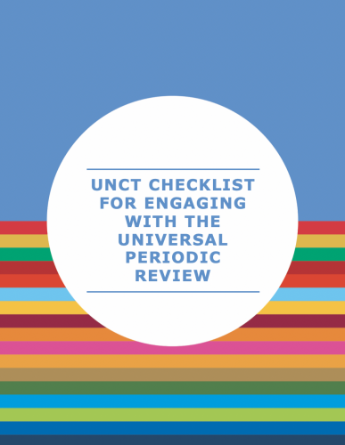  Cover shows the title, "UNCT Checklist for Engaging with the Universal Periodic Review" in the centre of a solid circle in front of a solid and striped background.
