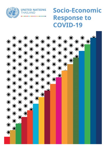Cover shows the title "Socio-Economic Response to COVID-19 for Thailand" with virus looking black dots and colorful bars.