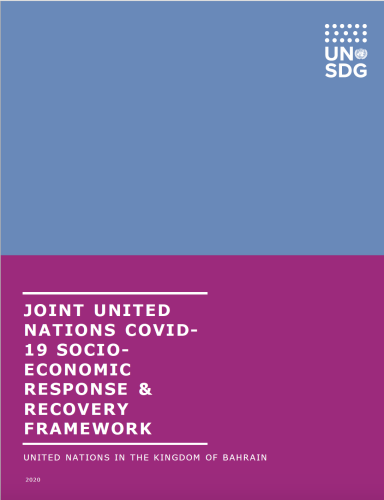 Cover shows the title "Joint United Nations COVID-19 Socio-Economic Response & Recovery Framework in the Kingdom of Bahrain" over blue and purple background.