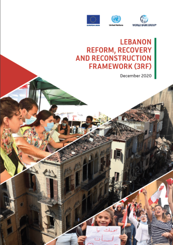 Cover shows the title in white underneath the logos for the EU, UN and World Bank Group. Underneath the title is a collage of three images showing people in masks at a tent, an arial view of buildings with damage and, lastly, a small girl holding a sign in front of a crowd holding flags.