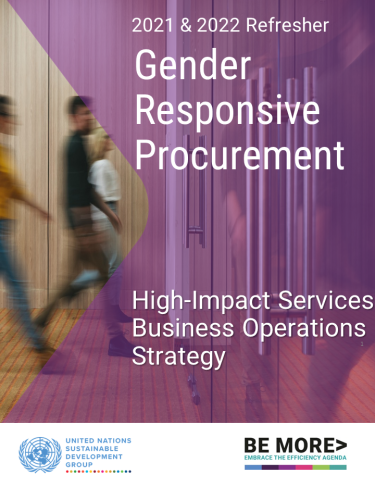 تُظهر الصورة عنوان العرض التقديمي: الخدمات المشتركة عالية التأثير ضمن المشتريات المراعية للمنظور الجنساني. في الركن الأيمن العلوي يوجد شعار مجموعة الأمم المتحدة للتنمية المستدامة، وفي الثلثين السفليين من الوثيقة يوجد سطرين من الدوائر بألوان أهداف التنمية المستدامة.