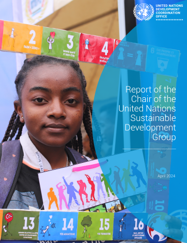 A picture of a girl in a school uniform holding a frame with the colours and icons of the Sustainable Development Goals. On a blue coloured frame, the title of the report appears on the right hand side.