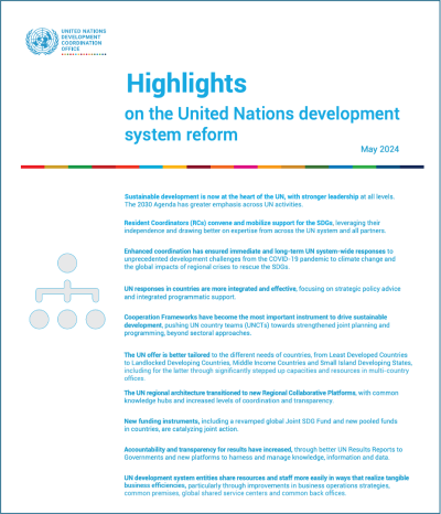 A cover page for the document on the highlights of the UN development system reforms