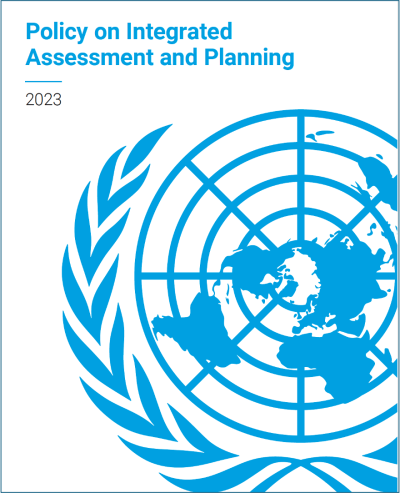 A cover of a UN document with a title on policy on integrated assessment and planning along with a large image of the UN logo
