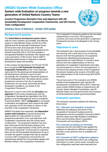 A cover page with text and the UN logo covering the terms of reference of the evaluation of the progress made by UN country teams