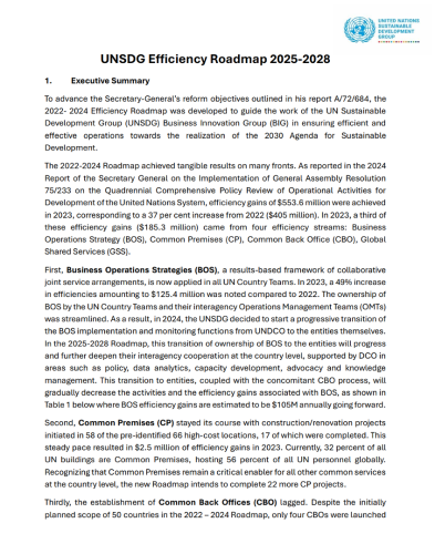 A cover page of a UNSDG document on efficiency