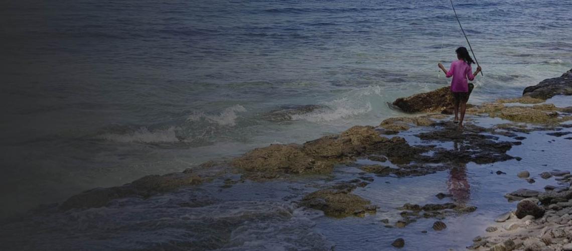 An ocean view of the shore with the back of a girl fishing. 