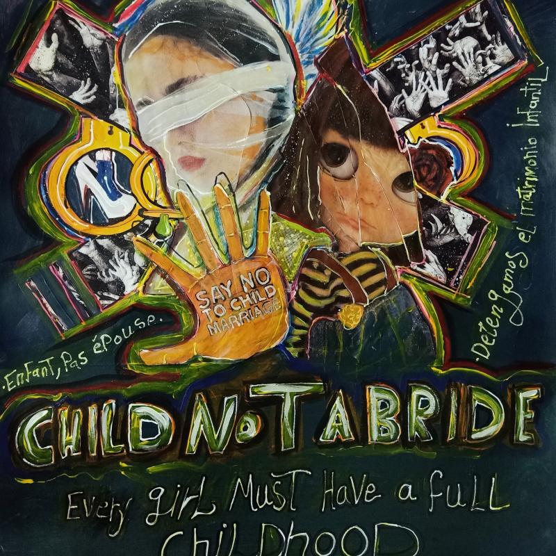 Las obras de arte multimedia muestran fotos y dibujos de niñas, anillos de boda, una mano y mensajes contra el matrimonio infantil.